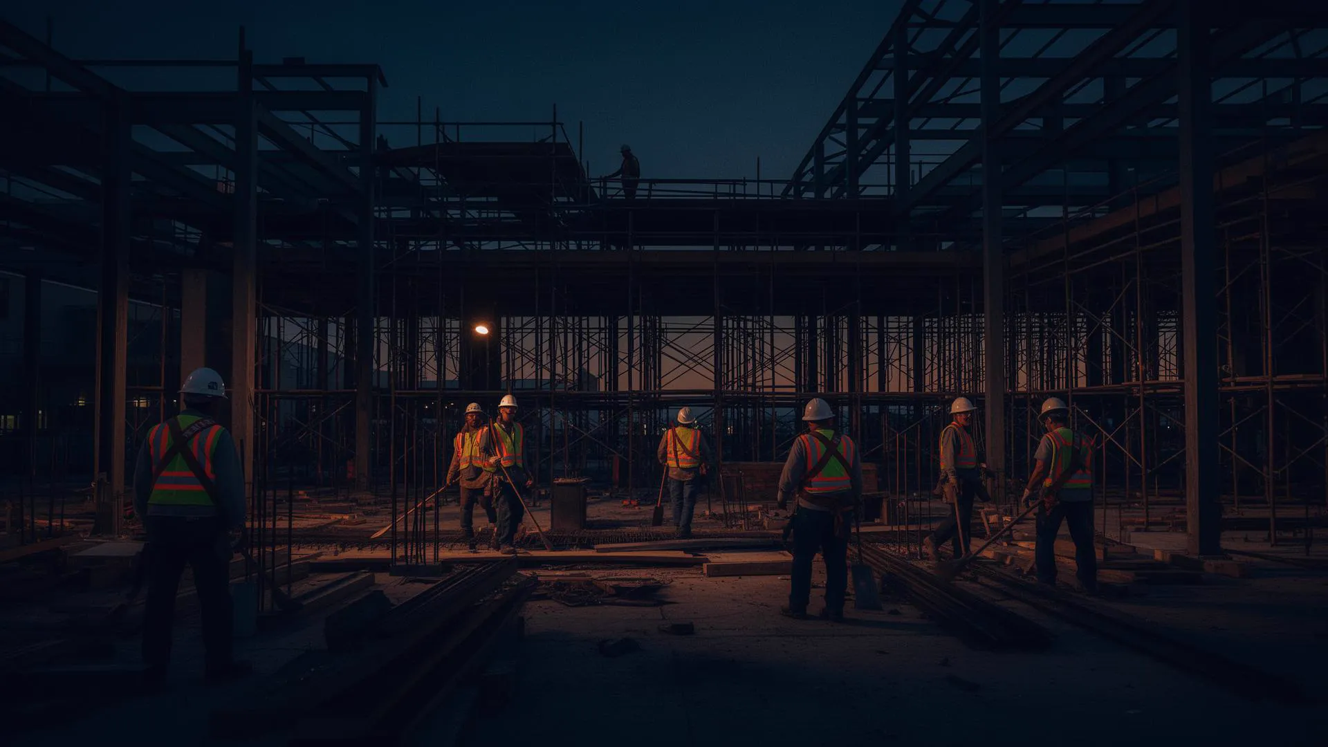 Blueprints and tablet resting on a steel beam at a jobsite