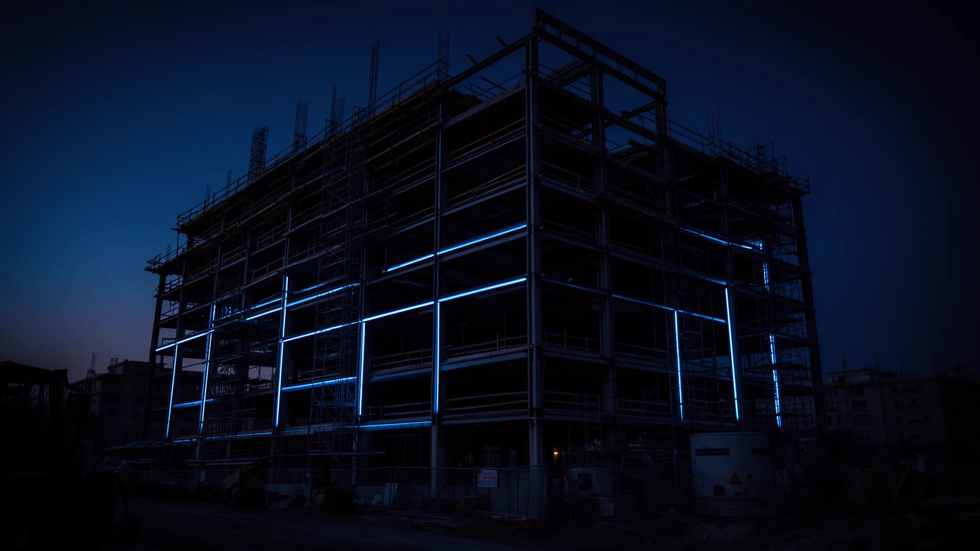 Steel-frame construction project at dusk